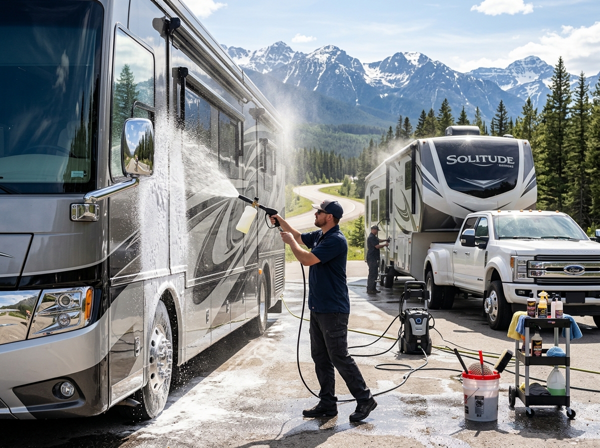 Class-A motorhome and fifth-wheel being detailed at a mountain pull-out