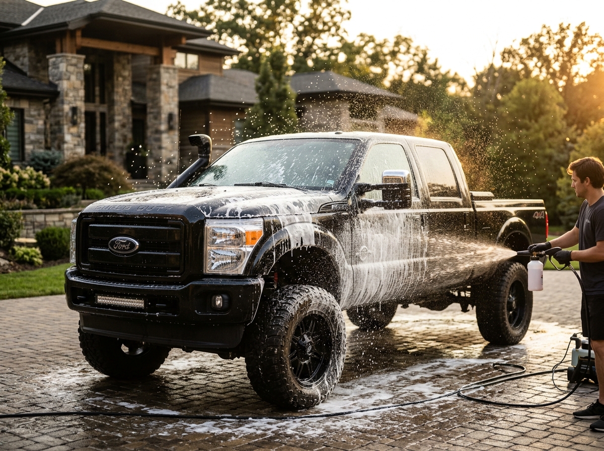 Lifted black Ford F-250 Super Duty being hand-washed in a luxury driveway